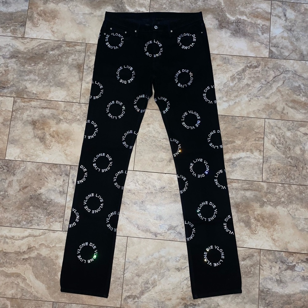 Vlone Stacked Clear Crystal Rhinestones Denim Jeans Black Size 36